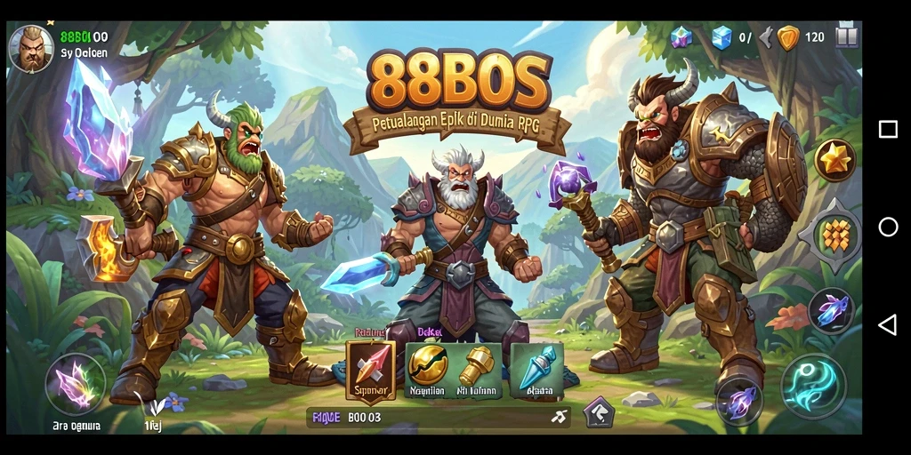 Screenshot utama gameplay RPG 88BOS menampilkan karakter bertempur melawan monster epik.