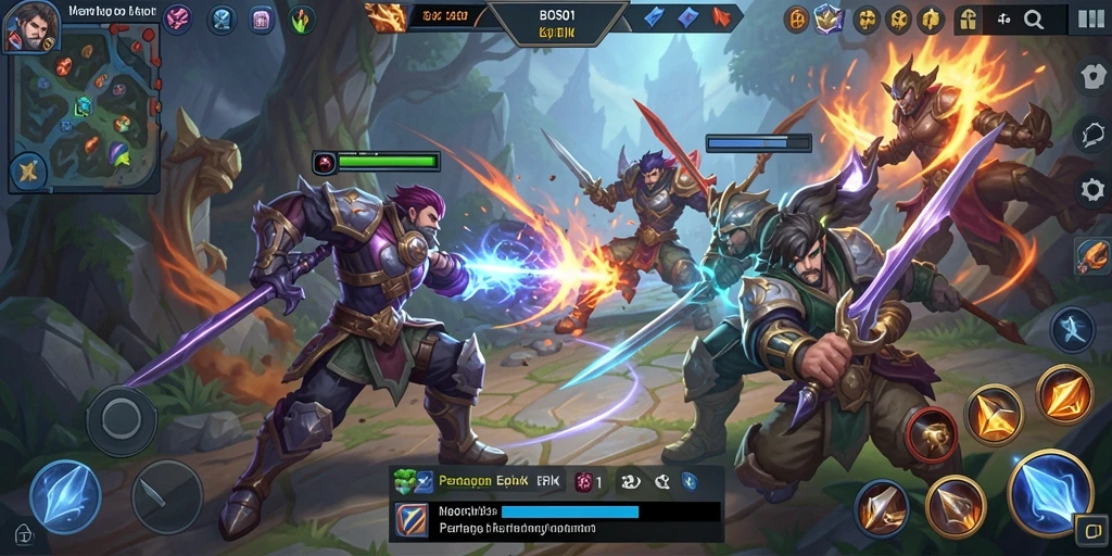 Screenshot gameplay MOBA BOS01 menampilkan pertarungan seru dan hero yang beragam.