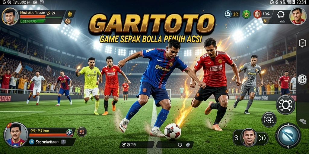 Screenshot gameplay yang menampilkan aksi pertandingan sepak bola.