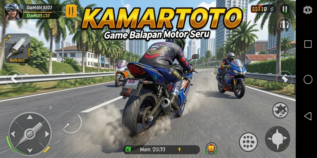 Tampilan gameplay seru di KAMARTOTO dengan balapan motor yang menantang.