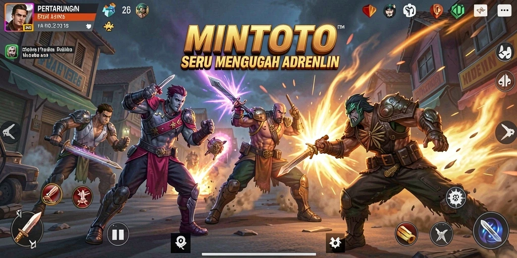 Screenshot utama MINTOTO menampilkan aksi pertarungan epik di arena.