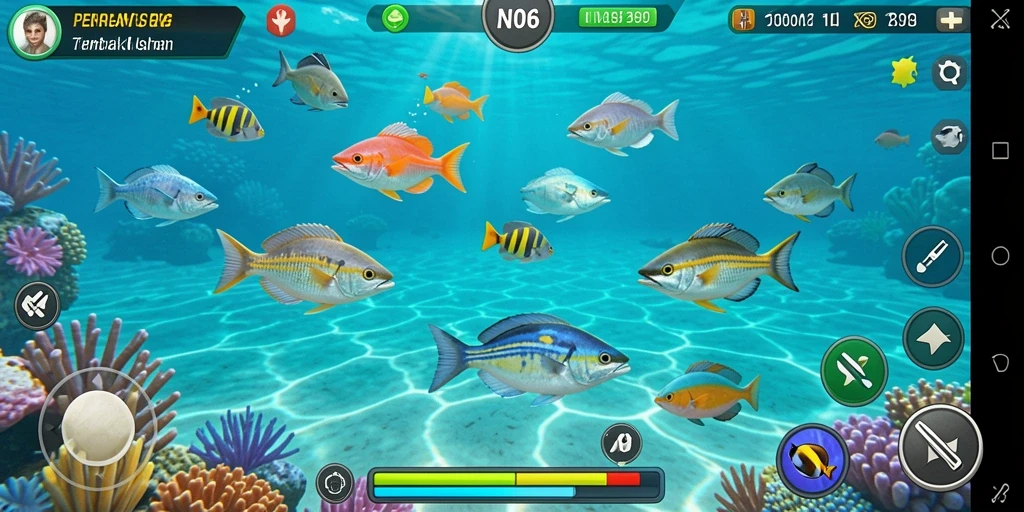 Screenshot gameplay N06 menampilkan aksi menembak ikan yang seru.