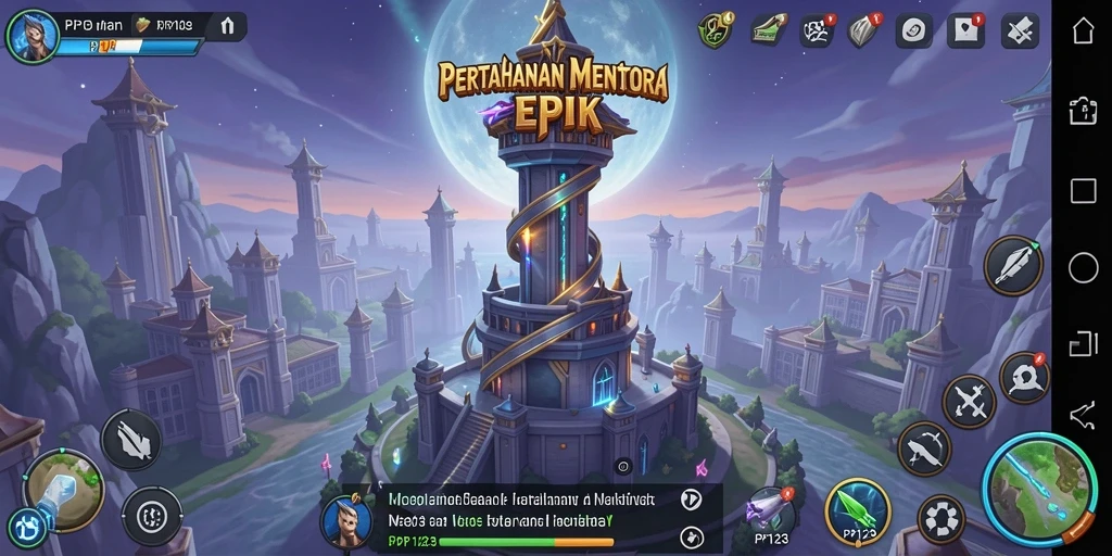 Tangkapan layar utama PP123 menampilkan aksi menara pertahanan yang intens.