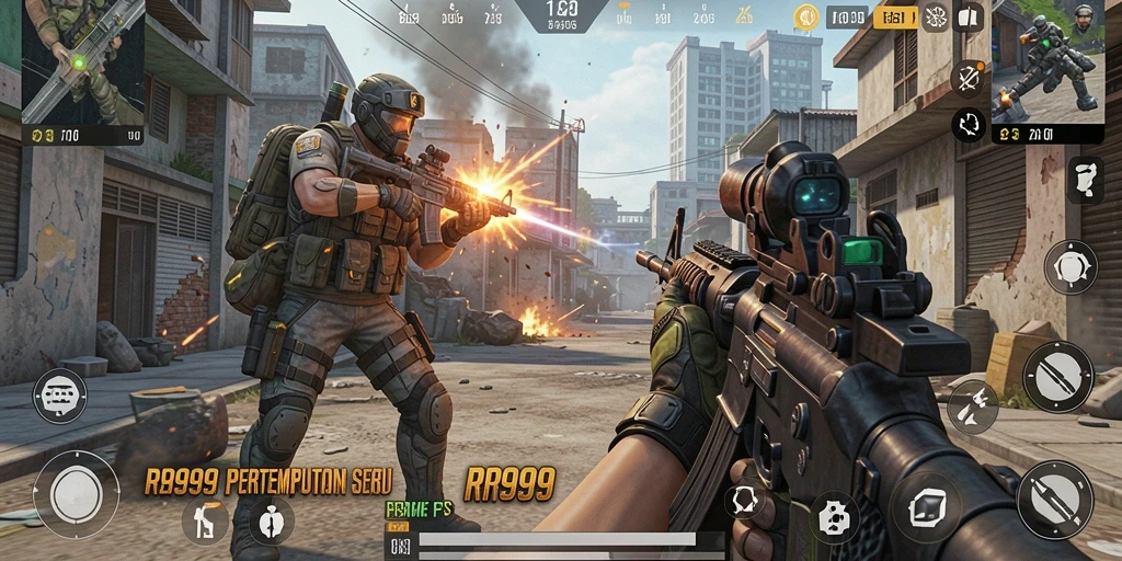 Tangkapan layar menunjukkan aksi menegangkan dalam game FPS RR999.